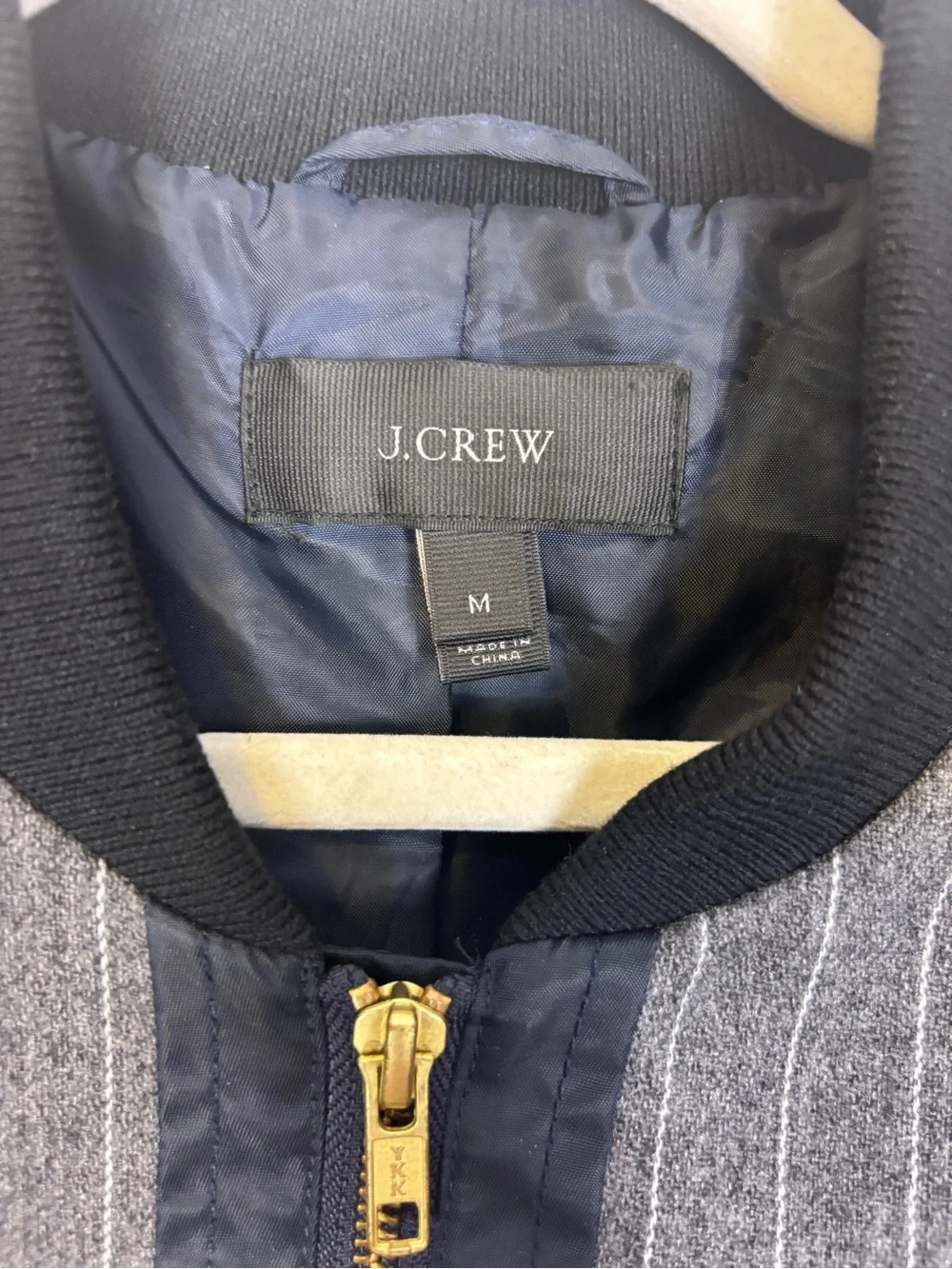 J. Crew Navy Satin & Gray Wool Pinstripe Bomber Jacket Women’s Medium